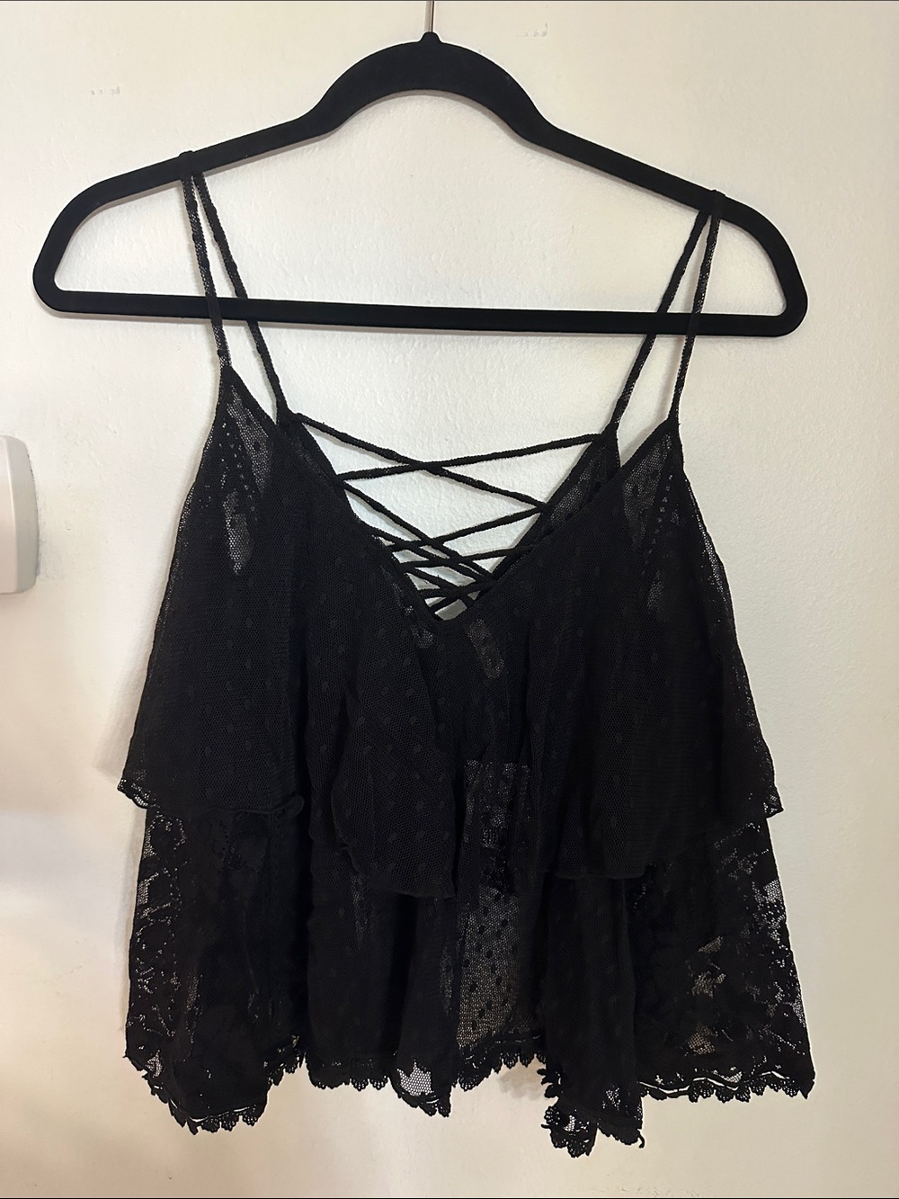 Free People Black Lace Ruffle Camisole with Crisscross Straps